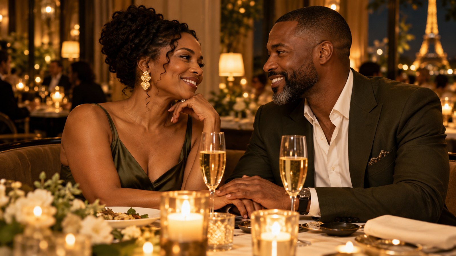 Un couple partage un moment complice autour d’un dîner aux chandelles, illustration de la soirée.